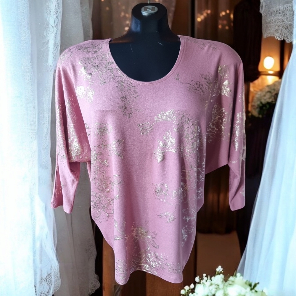 Kim & Cami Dusty Rose & Gold Metallic Floral Dolman Sleeve Top